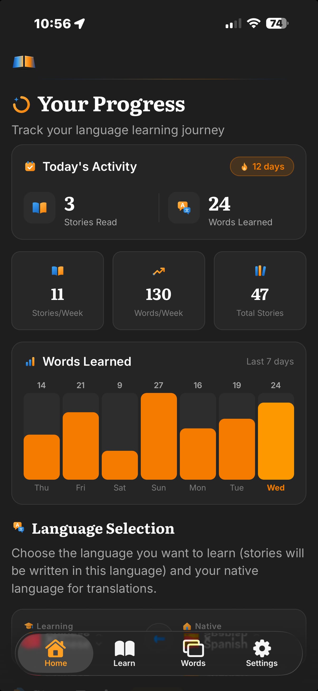 LibroAI progress screen showing words learned, stories read and a 12 day streak