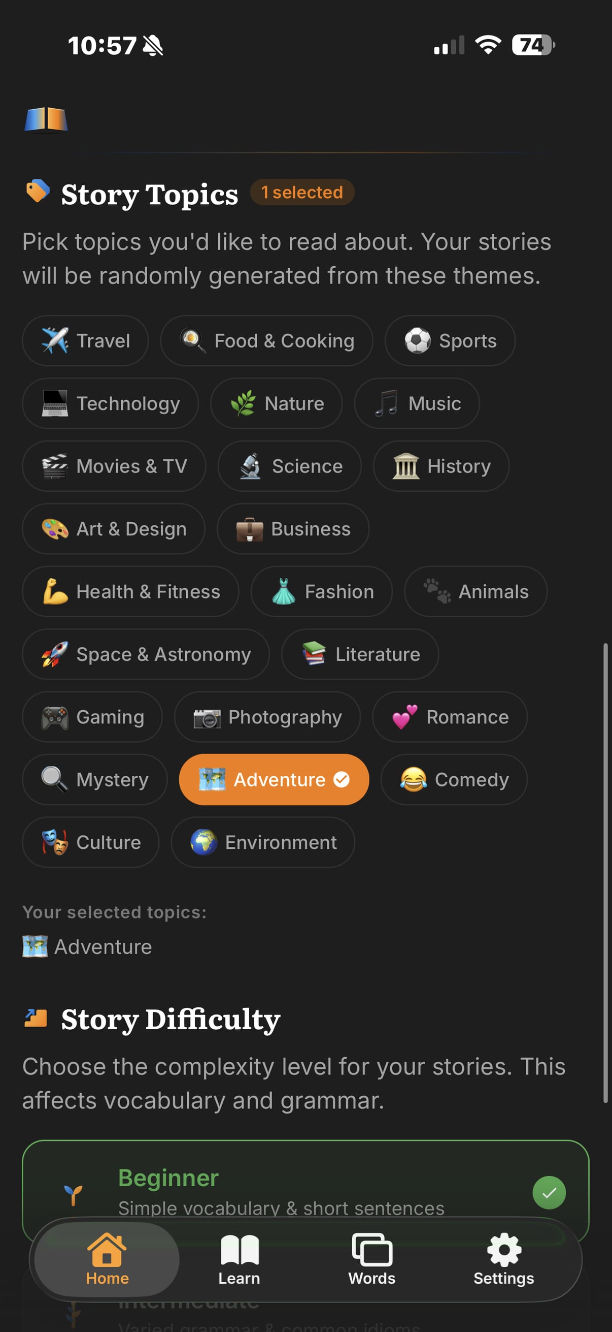 Choosing story topics and difficulty on the LibroAI setup screen