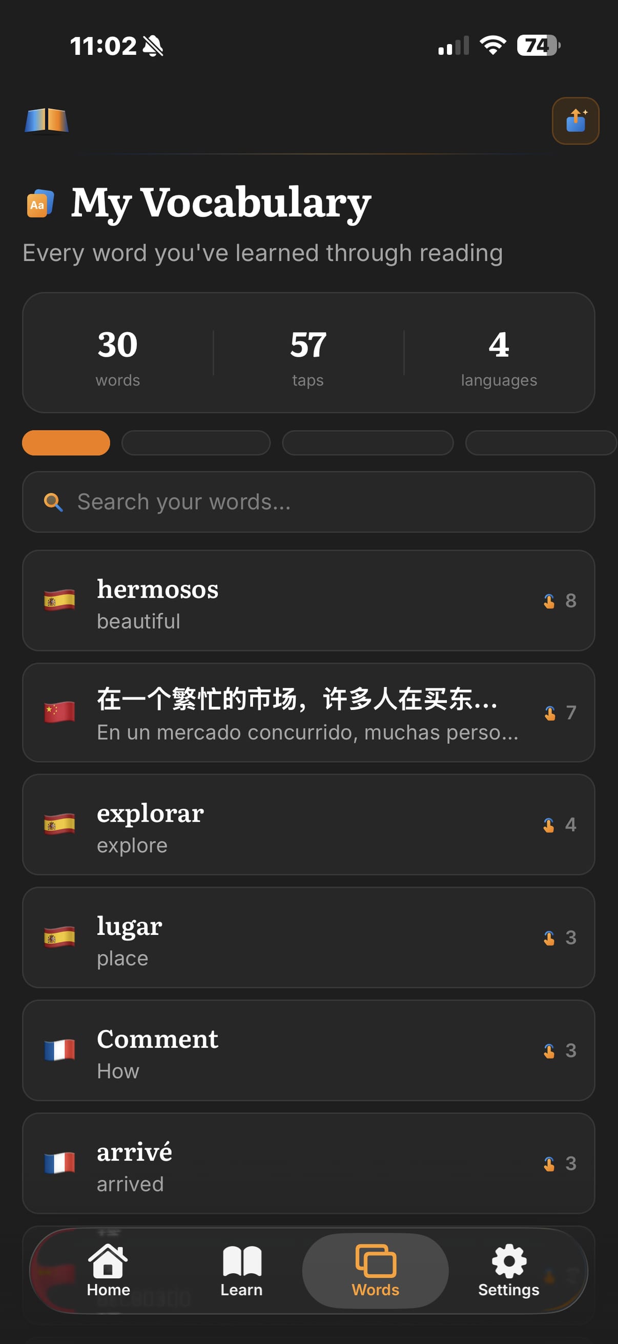 My Vocabulary in LibroAI listing saved words with translations across four languages
